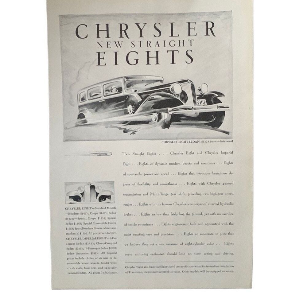 Vintage 1930 Chrysler New Straight Eights Ad Advertisement